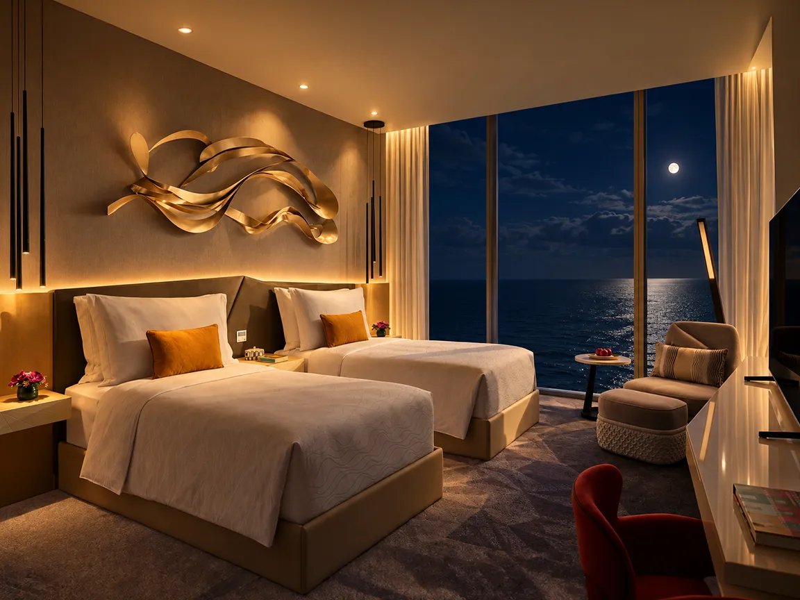 Five-star hotel suite at night